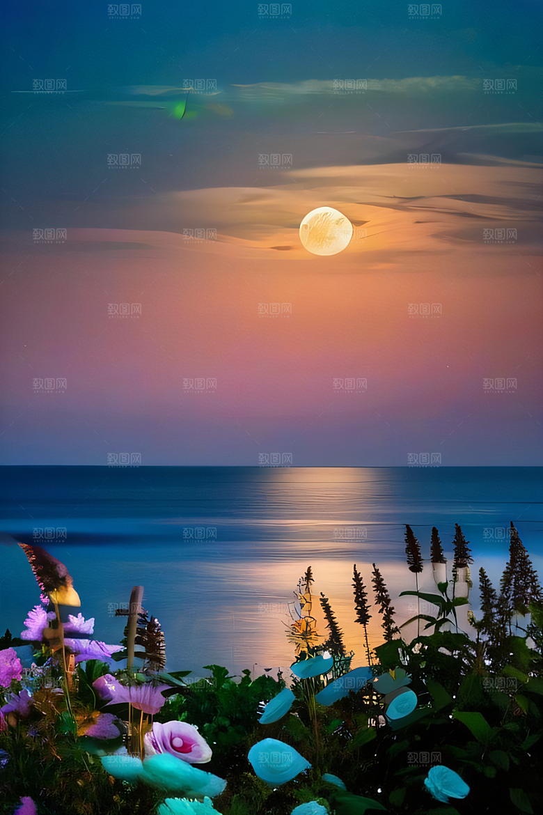 月光照耀花海的美景