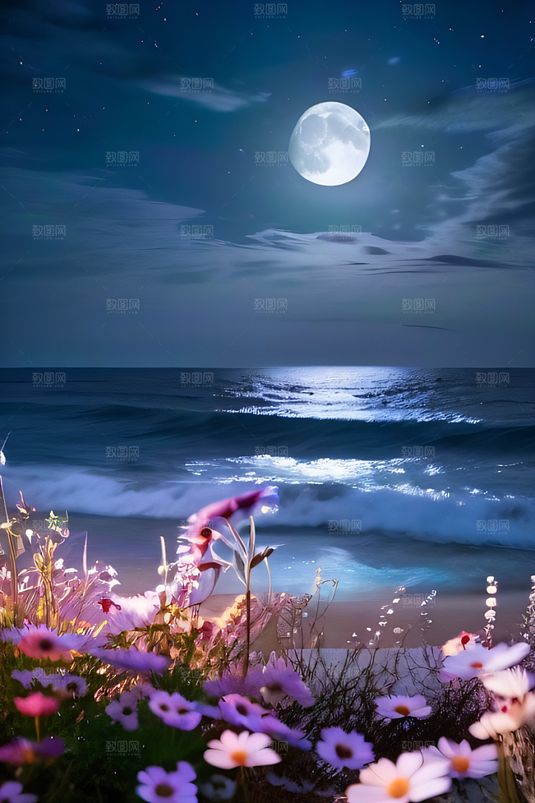 月光照耀花海的美景