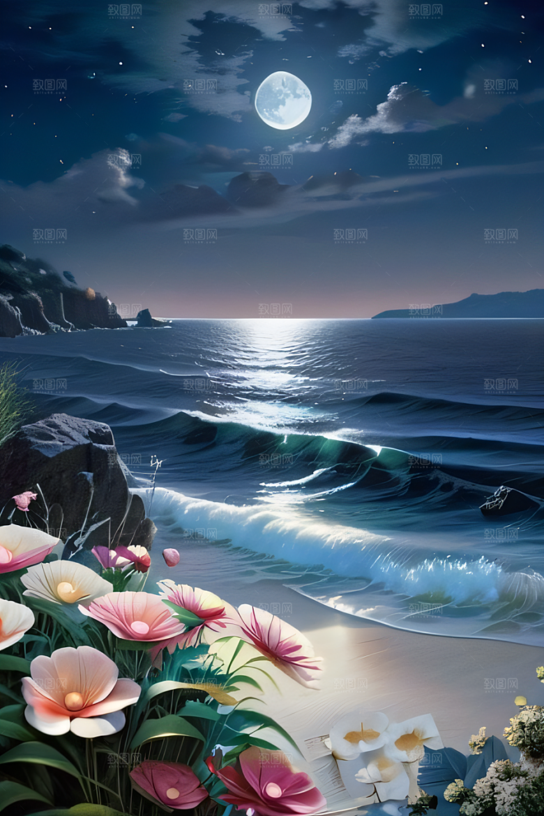月光照耀花海的美景