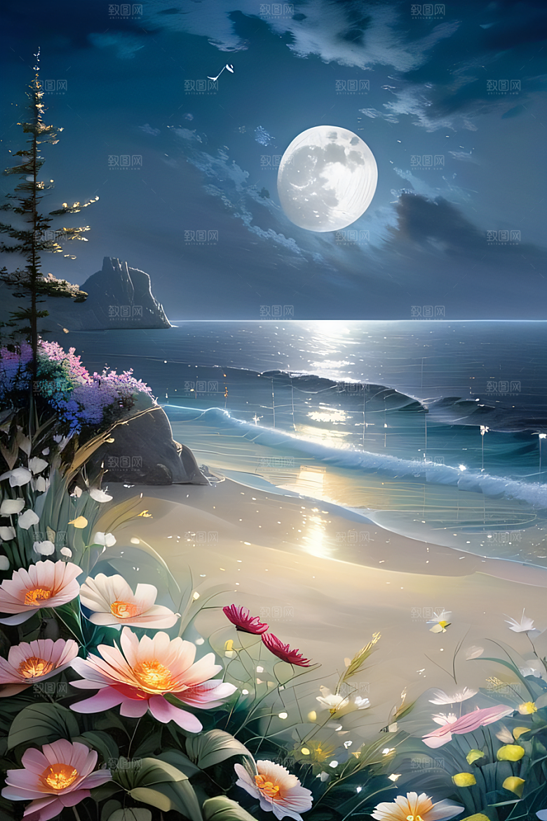 月夜佳景花海的迷人