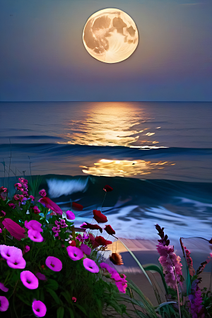 月夜佳景花海的迷人