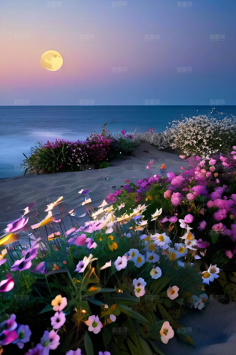 月夜佳景花海的迷人
