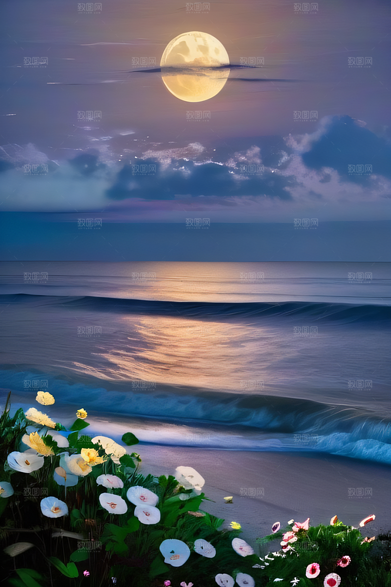 月夜佳景花海的迷人