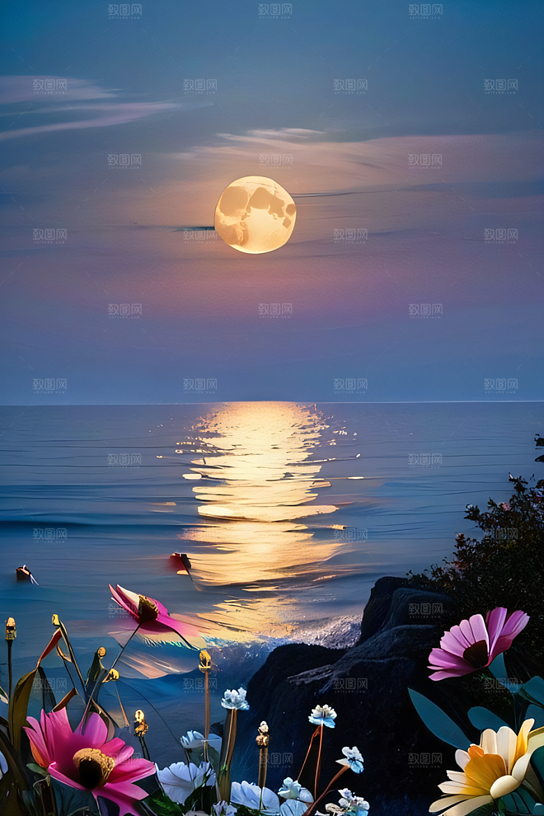 月夜佳景花海的迷人