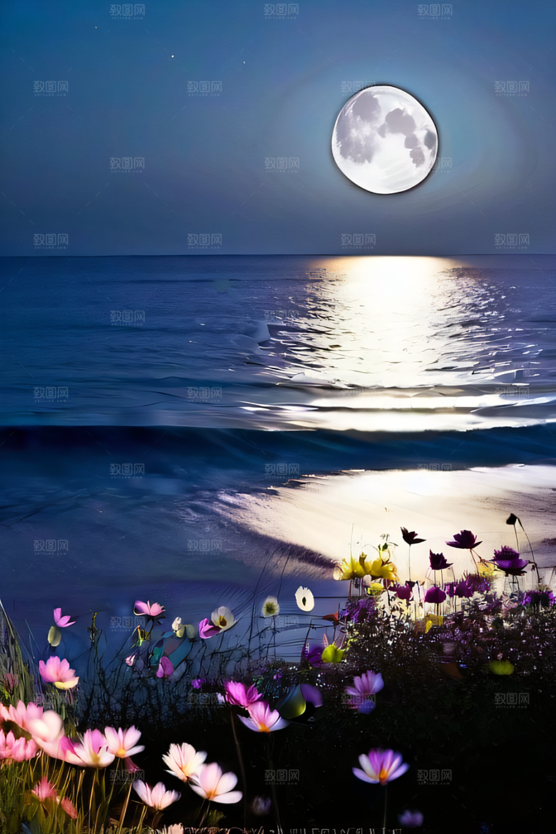 月夜佳景花海的迷人