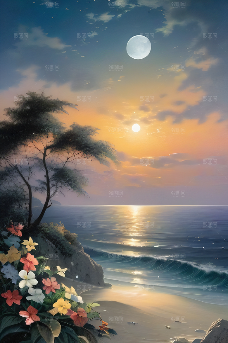 月夜佳景花海的迷人