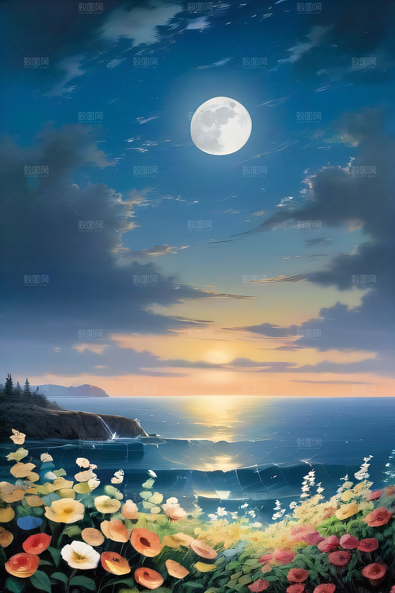 月夜佳景花海的迷人