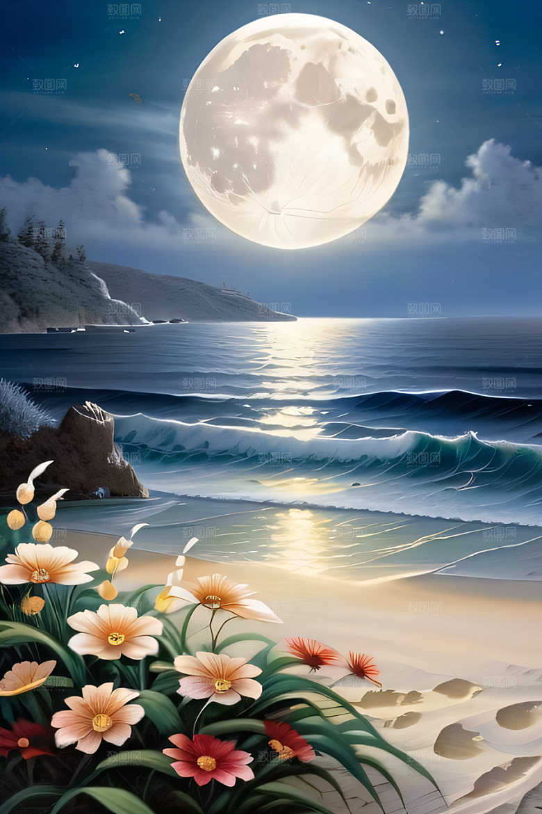 月夜佳景花海的迷人