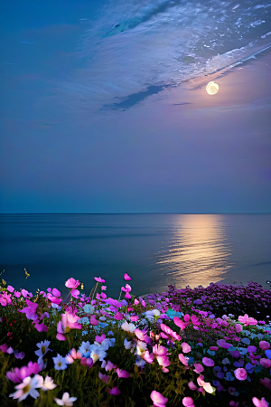 月夜佳景花海的迷人