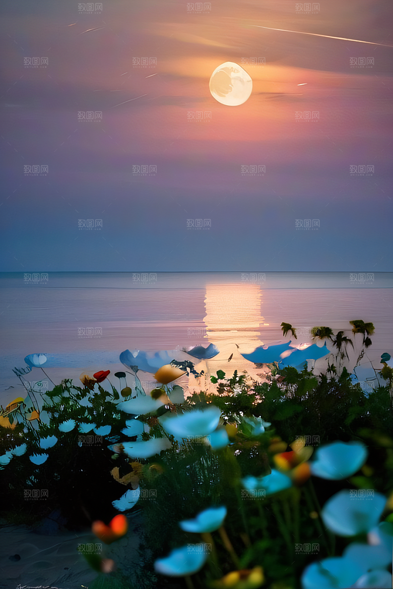 月下花海恍如仙境