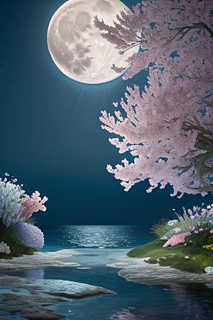 月光照耀花海的美景
