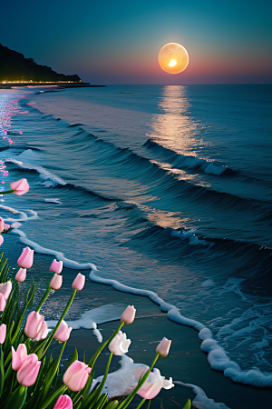 月光照耀花海的美景