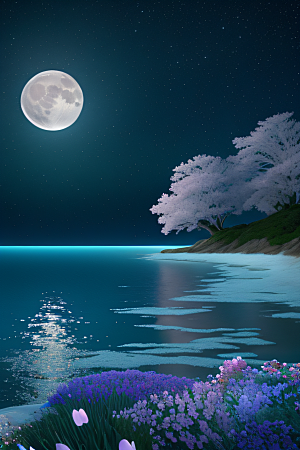 月光照耀花海的美景
