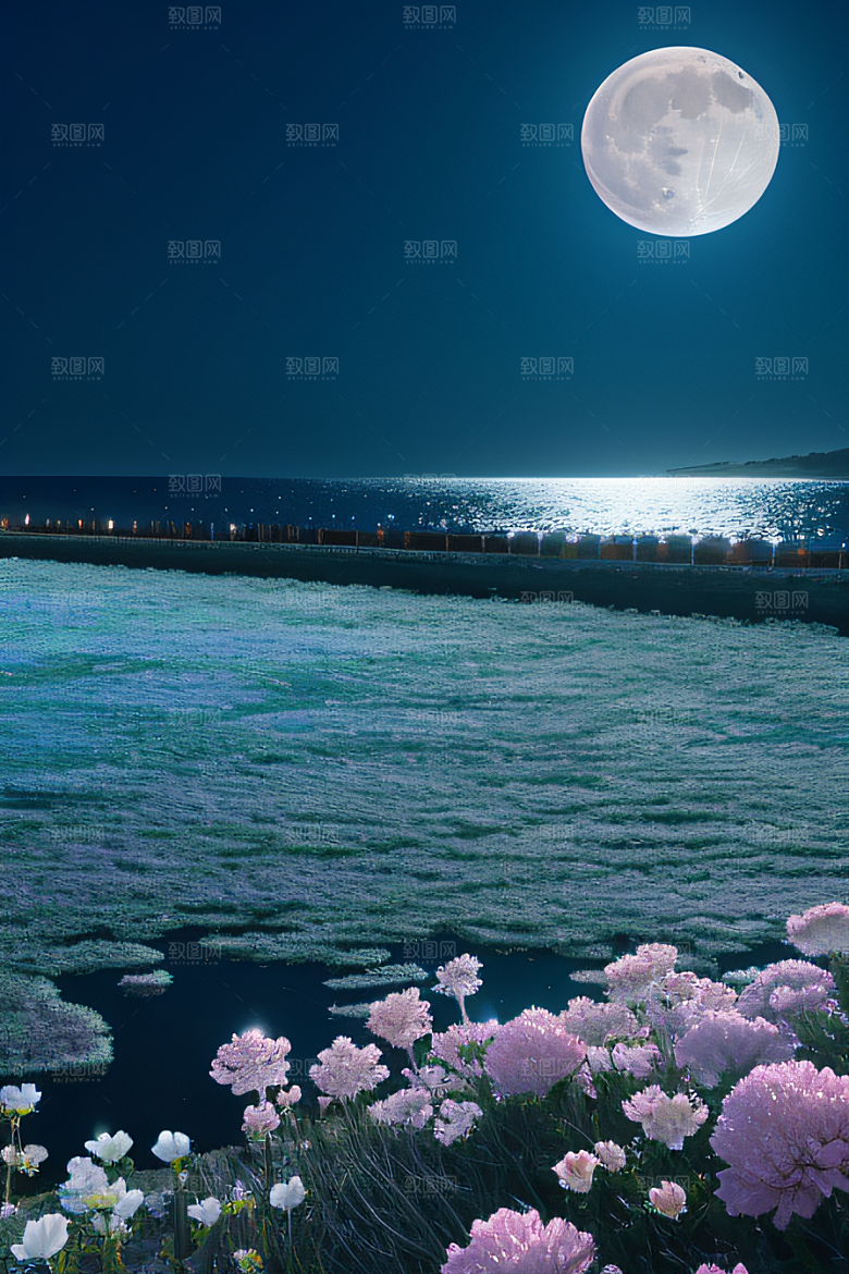 月夜佳景花海的迷人