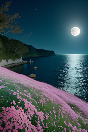 月夜佳景花海的迷人