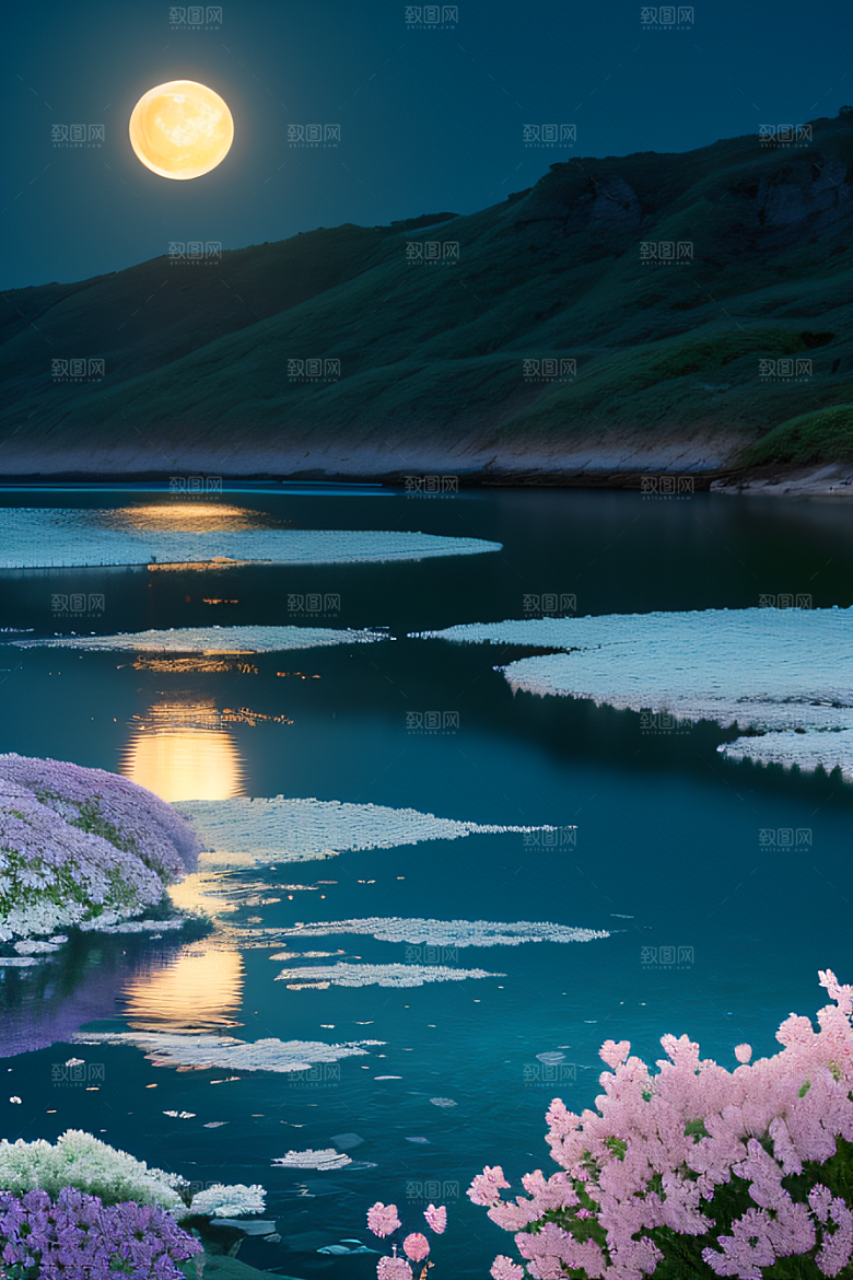 月夜佳景花海的迷人