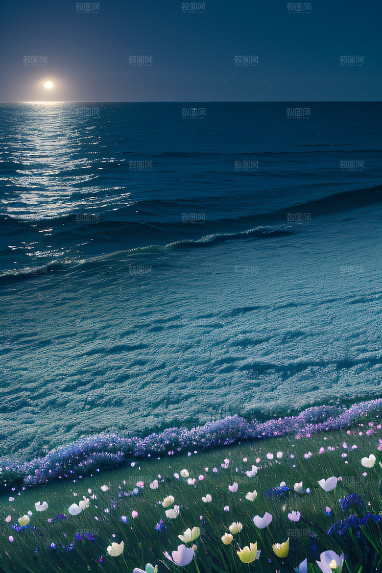 月夜佳景花海的迷人