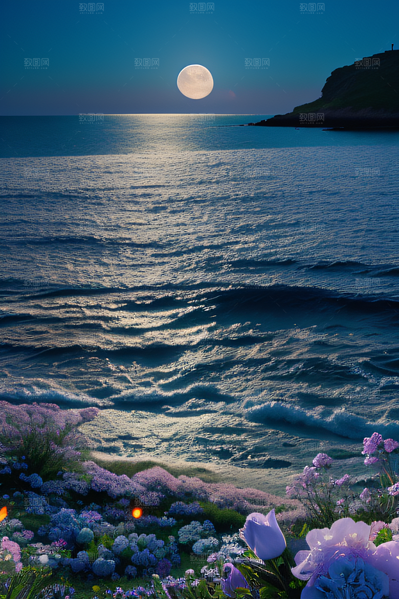 月夜佳景花海的迷人
