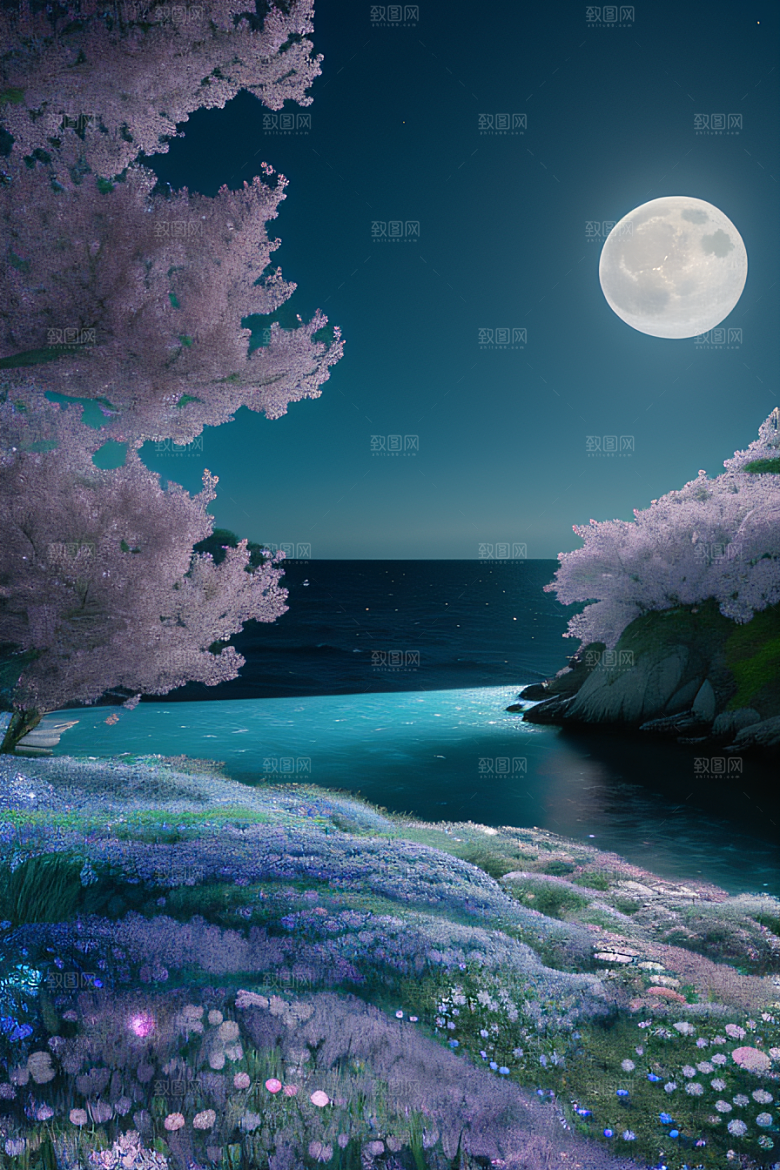 月夜佳景花海的迷人