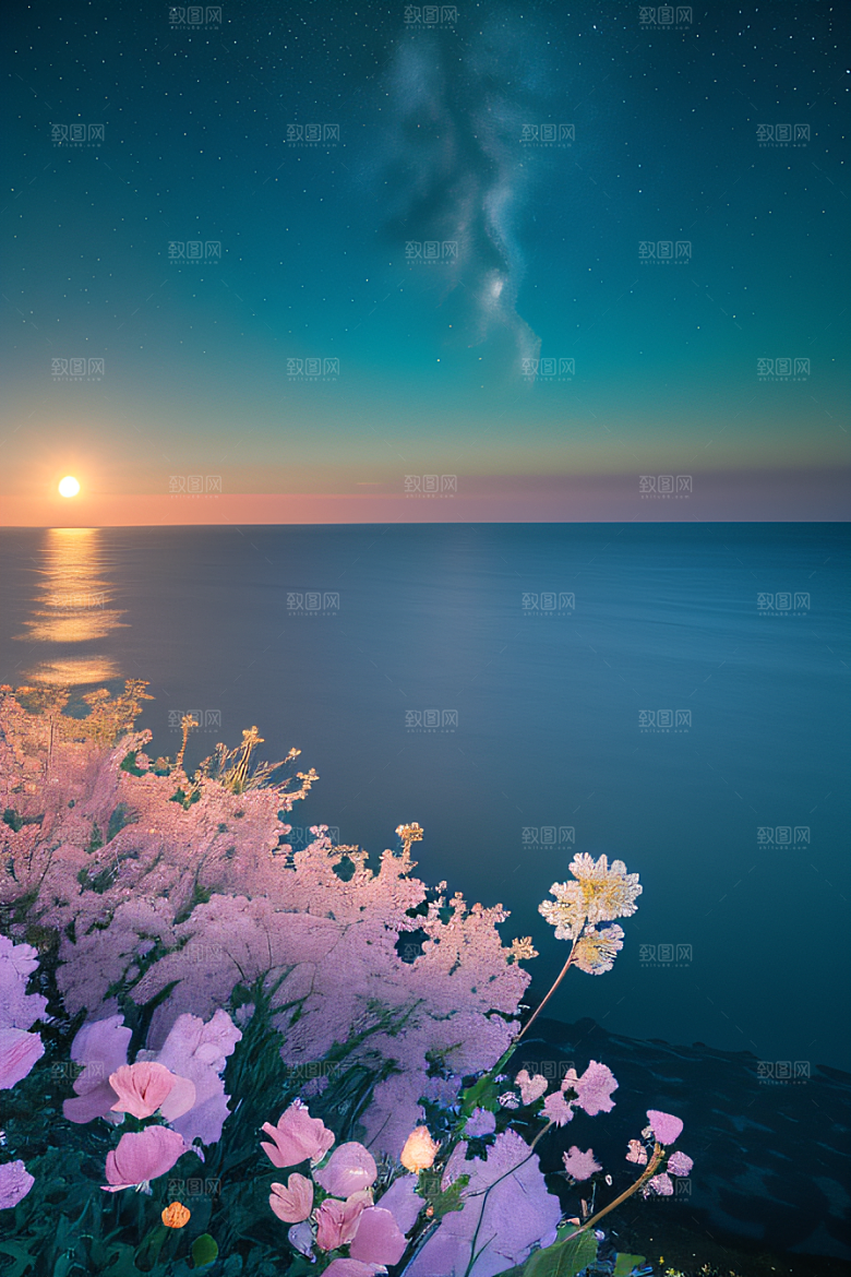 月下花海恍如仙境