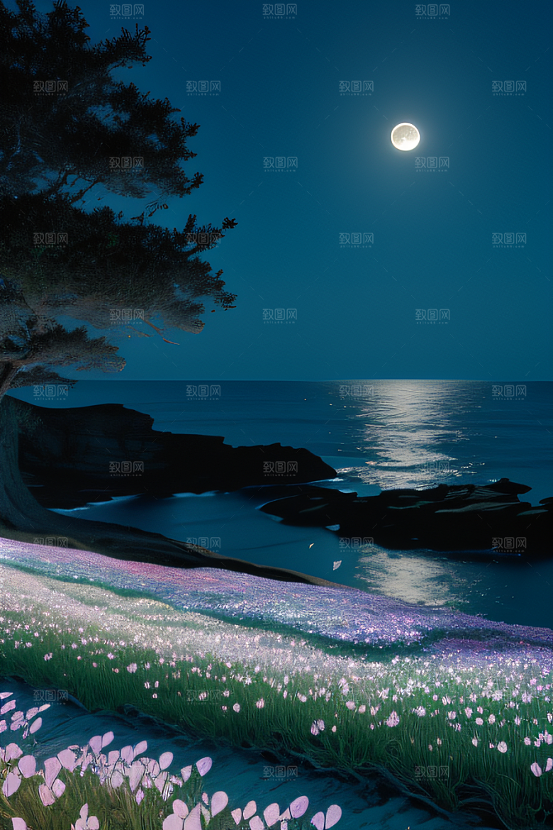 月下花海恍如仙境