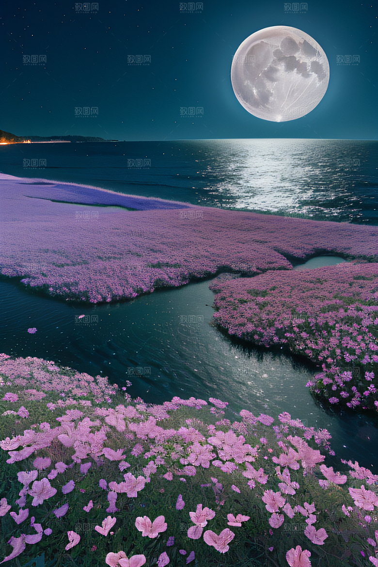 月下花海恍如仙境