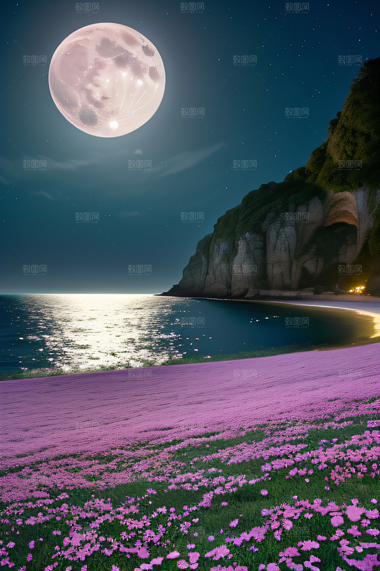 月下花海恍如仙境
