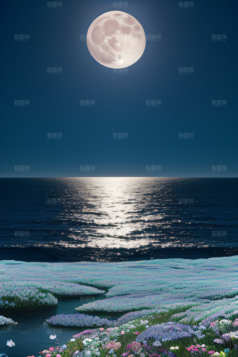 月下花海恍如仙境