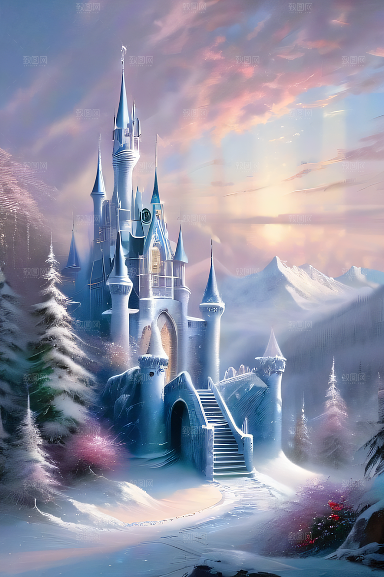 冰雪幻城冰雪城堡与冰玫瑰的迷人景致