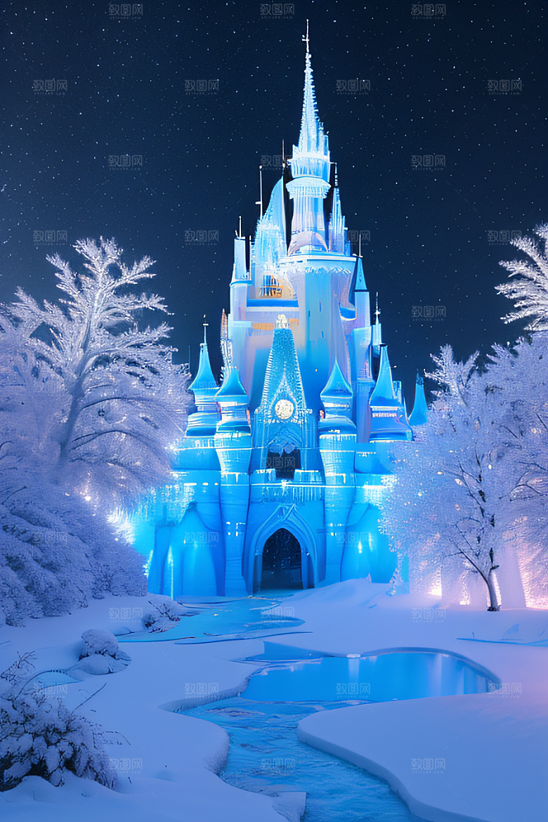 冰雪梦境冰雪城堡与冰玫瑰的幻幽美景