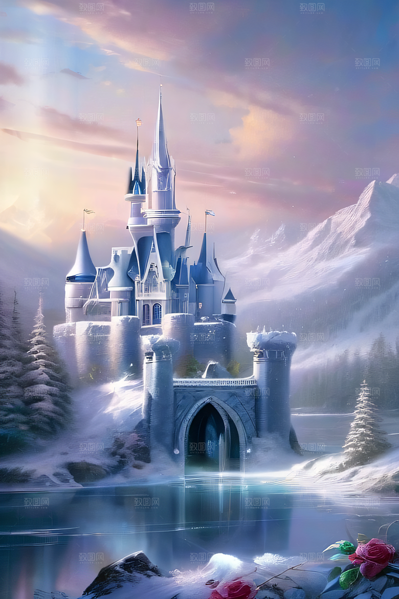 冰雪梦境冰雪城堡与冰玫瑰的幻幽美景