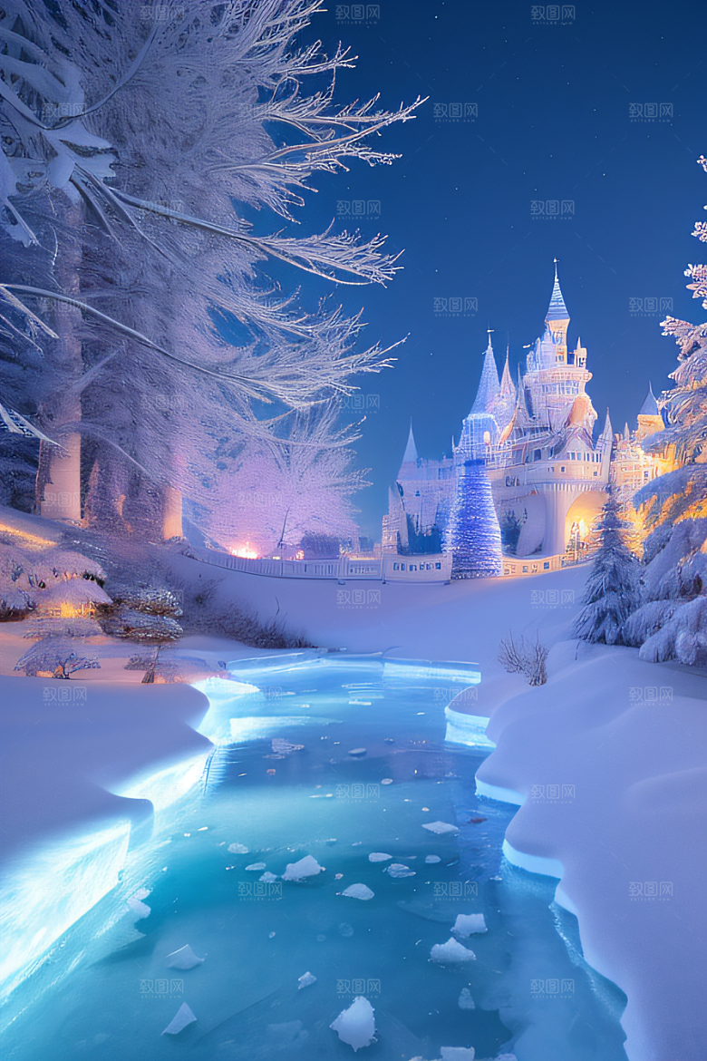 冰雪梦境冰雪城堡与冰玫瑰的幻幽美景