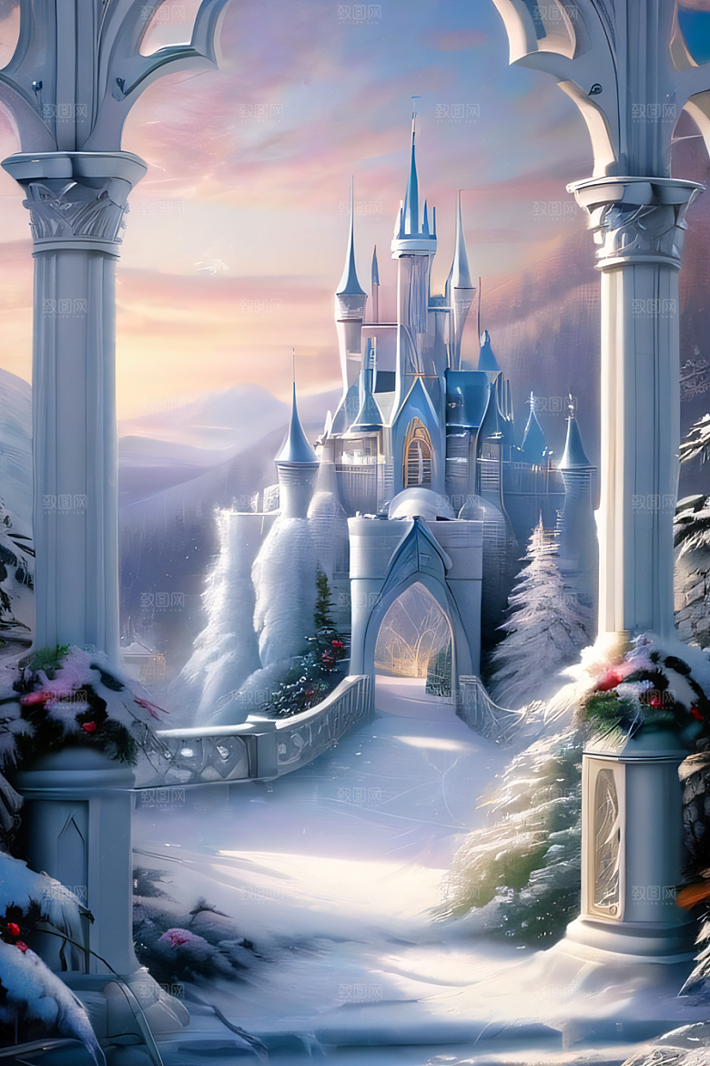 冰雪梦境冰雪城堡与冰玫瑰的幻幽美景