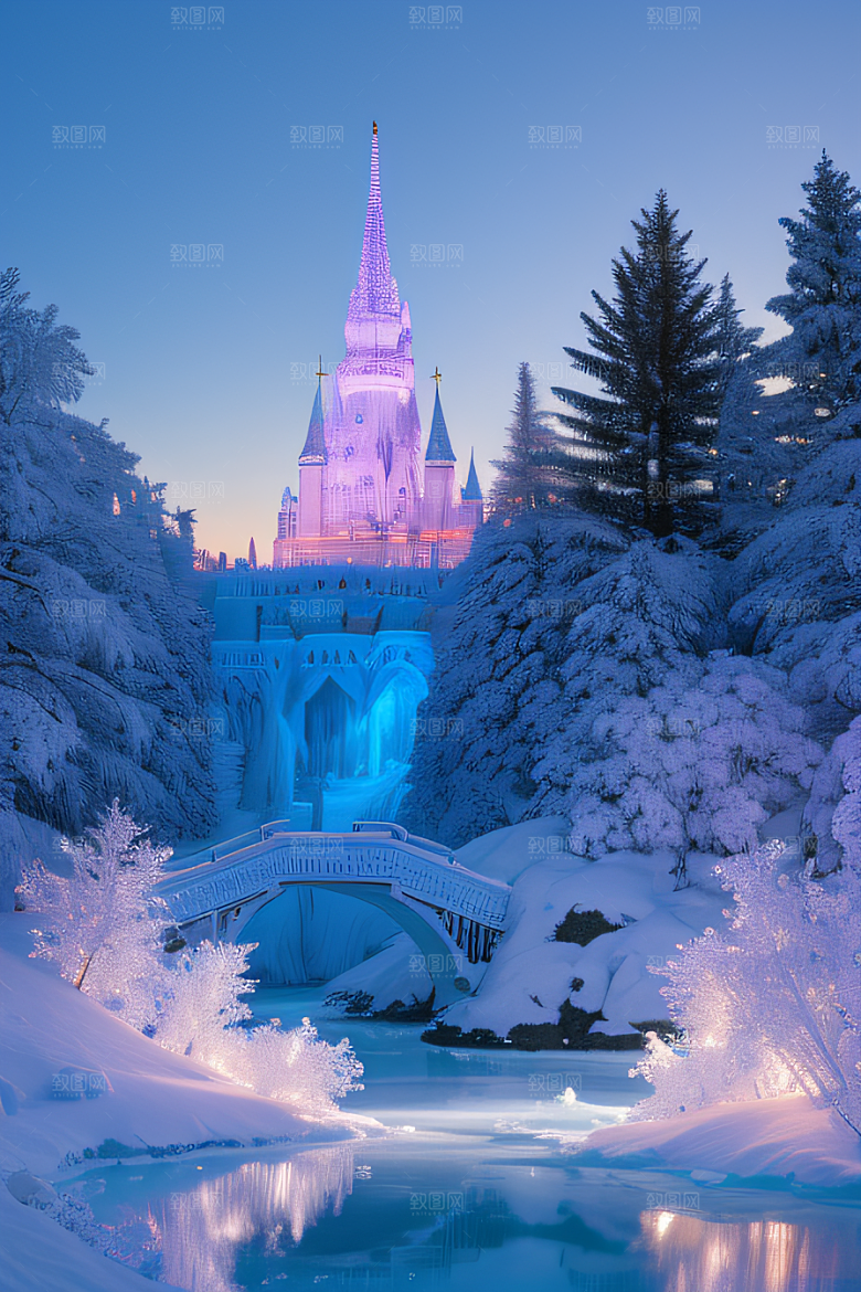 冰雪梦境冰雪城堡与冰玫瑰的幻幽美景