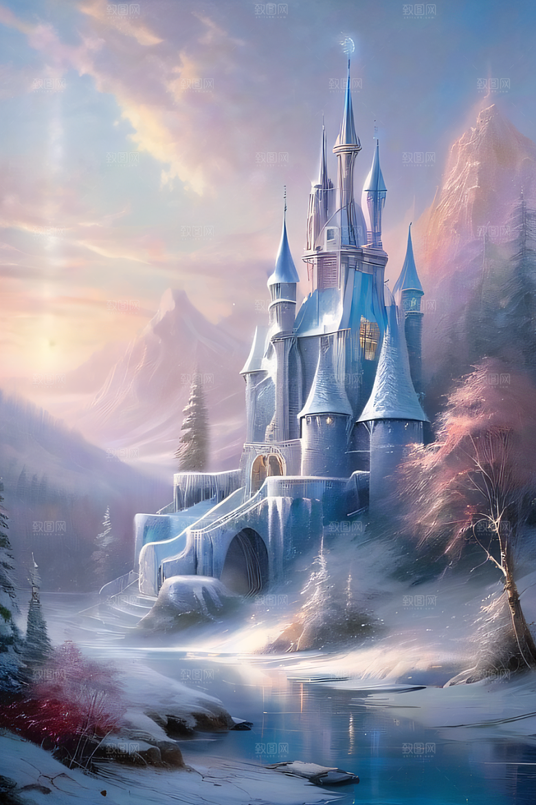 冰雪梦境冰雪城堡与冰玫瑰的幻幽美景