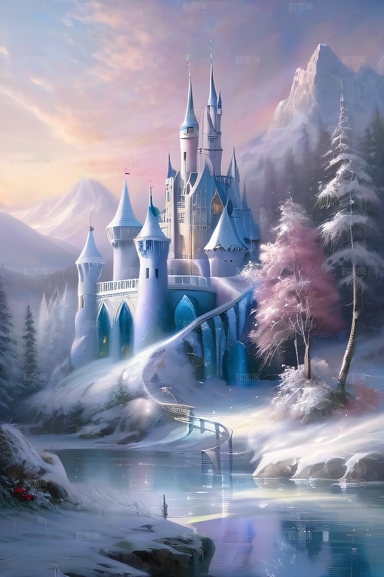 冰雪梦境冰雪城堡与冰玫瑰的幻幽美景