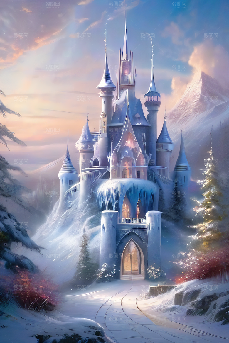 冰雪梦境冰雪城堡与冰玫瑰的幻幽美景