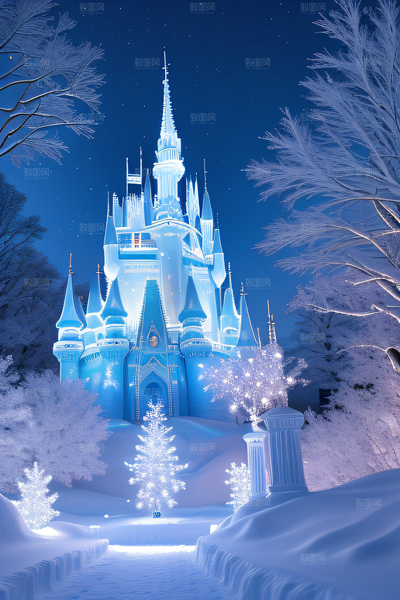 冰雪梦境冰雪城堡与冰玫瑰的幻幽美景