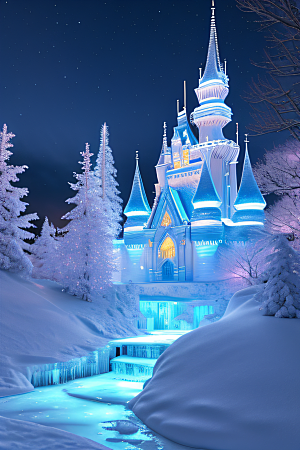 冰雪梦境冰雪城堡与冰玫瑰的幻幽美景