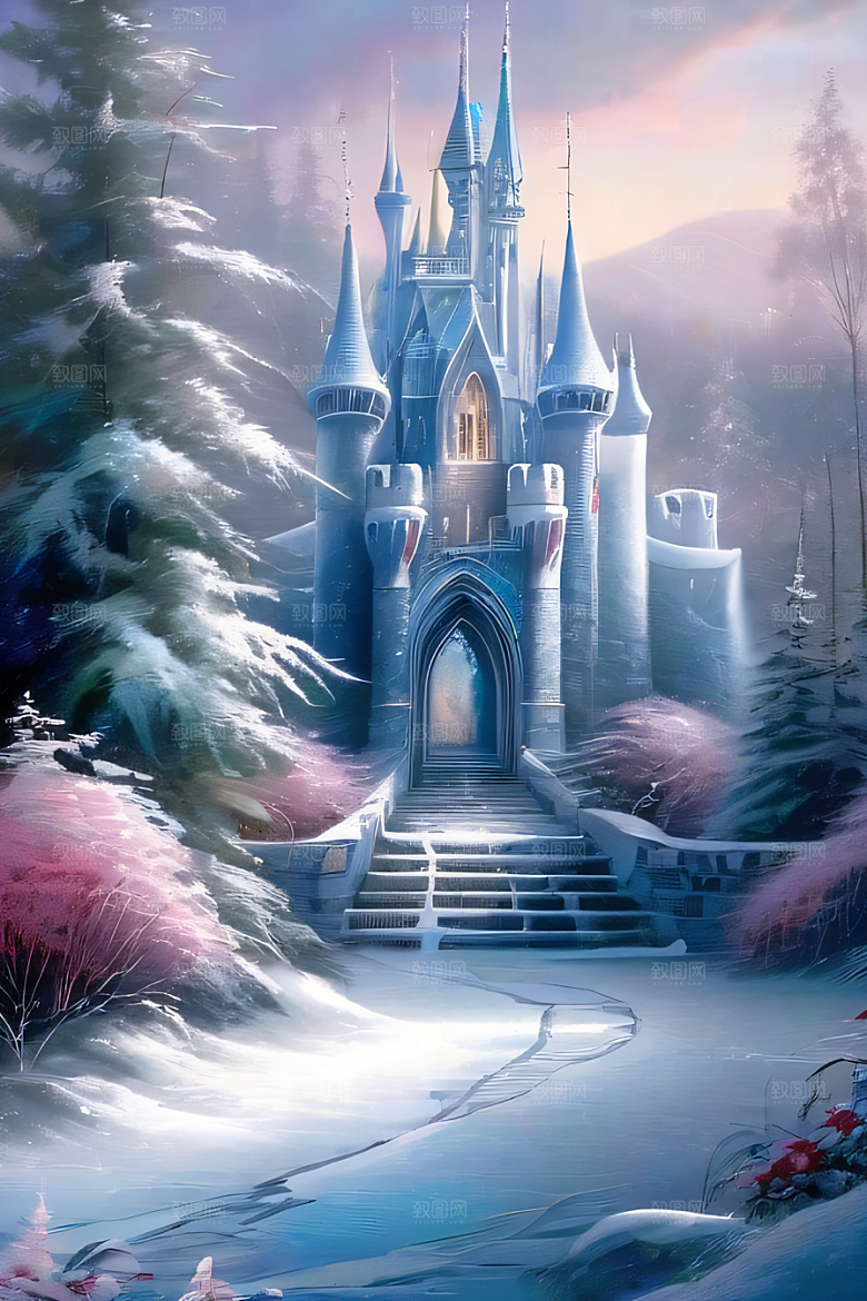 冰雪梦境冰雪城堡与冰玫瑰的幻幽美景