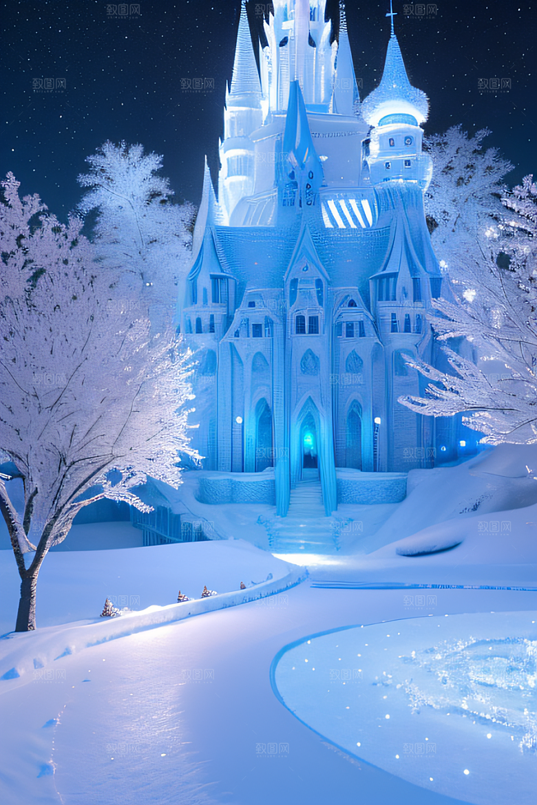 冰雪奇幻冰雪城堡与冰玫瑰的迷人风光