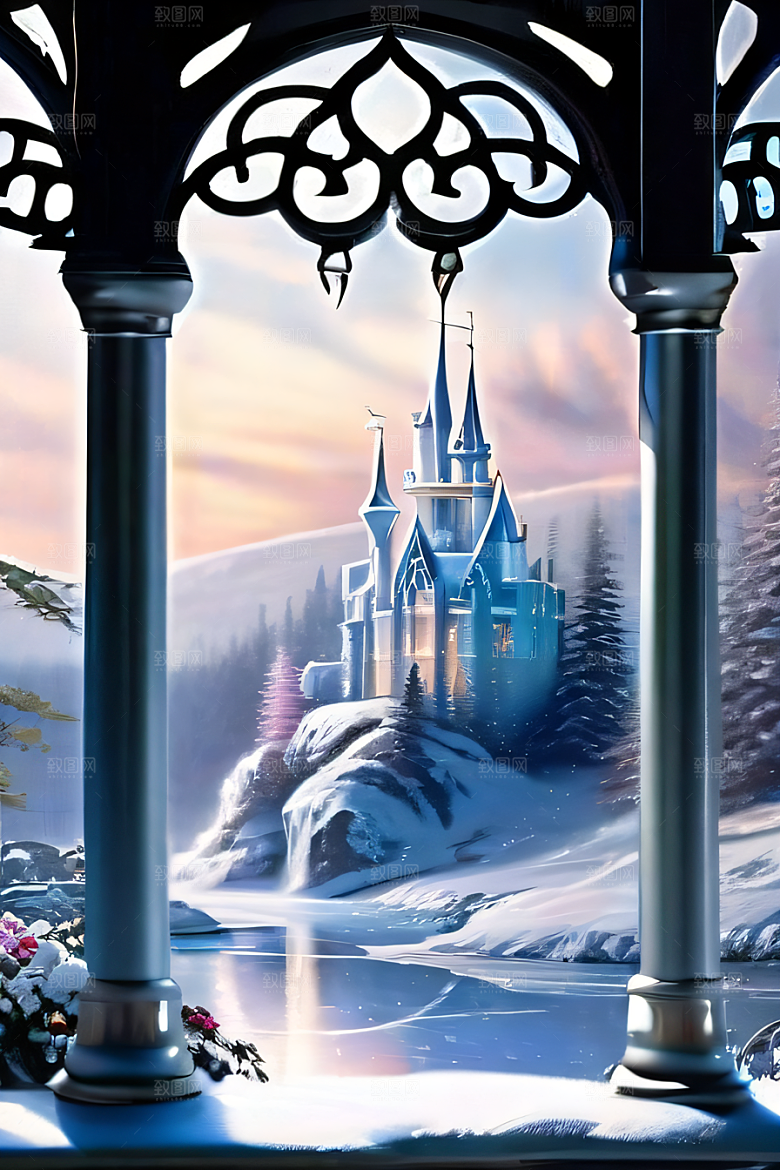 冰雪奇幻冰雪城堡与冰玫瑰的迷人风光