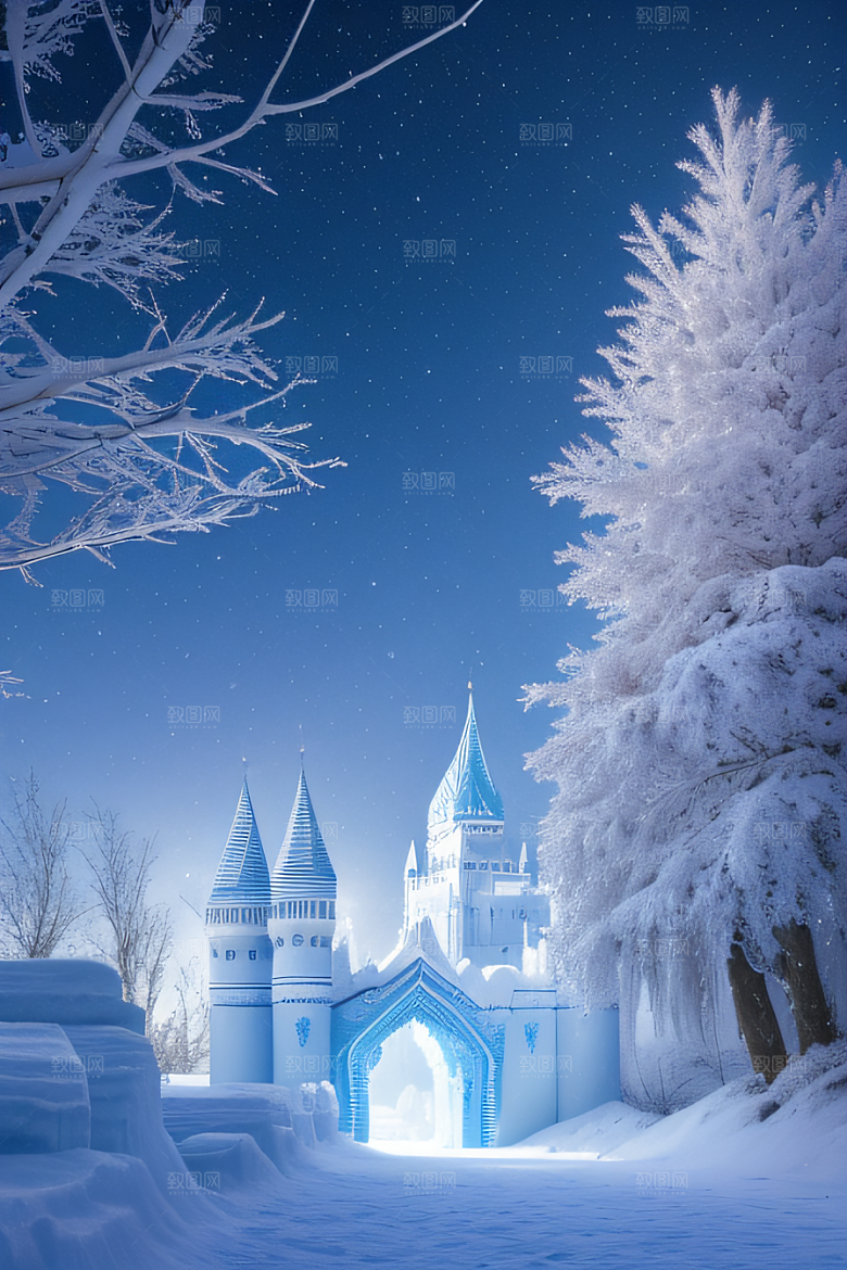 冰雪奇幻冰雪城堡与冰玫瑰的迷人风光