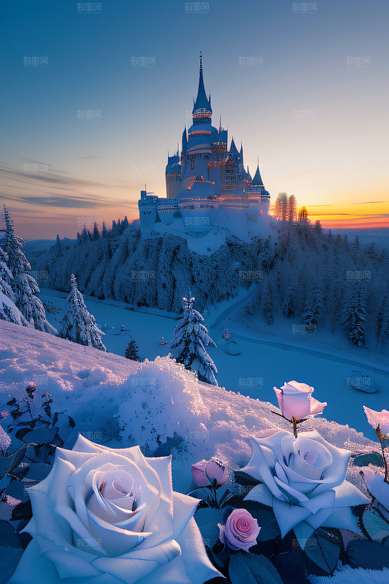 冰雪奇幻冰雪城堡与冰玫瑰的迷人风光