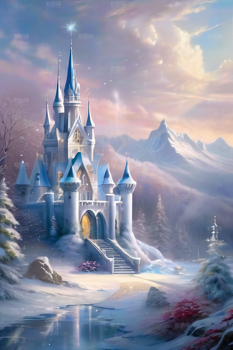 冰雪奇幻冰雪城堡与冰玫瑰的迷人风光