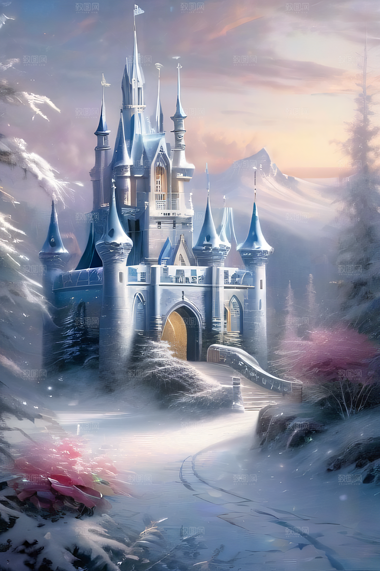 冰雪奇幻冰雪城堡与冰玫瑰的迷人风光