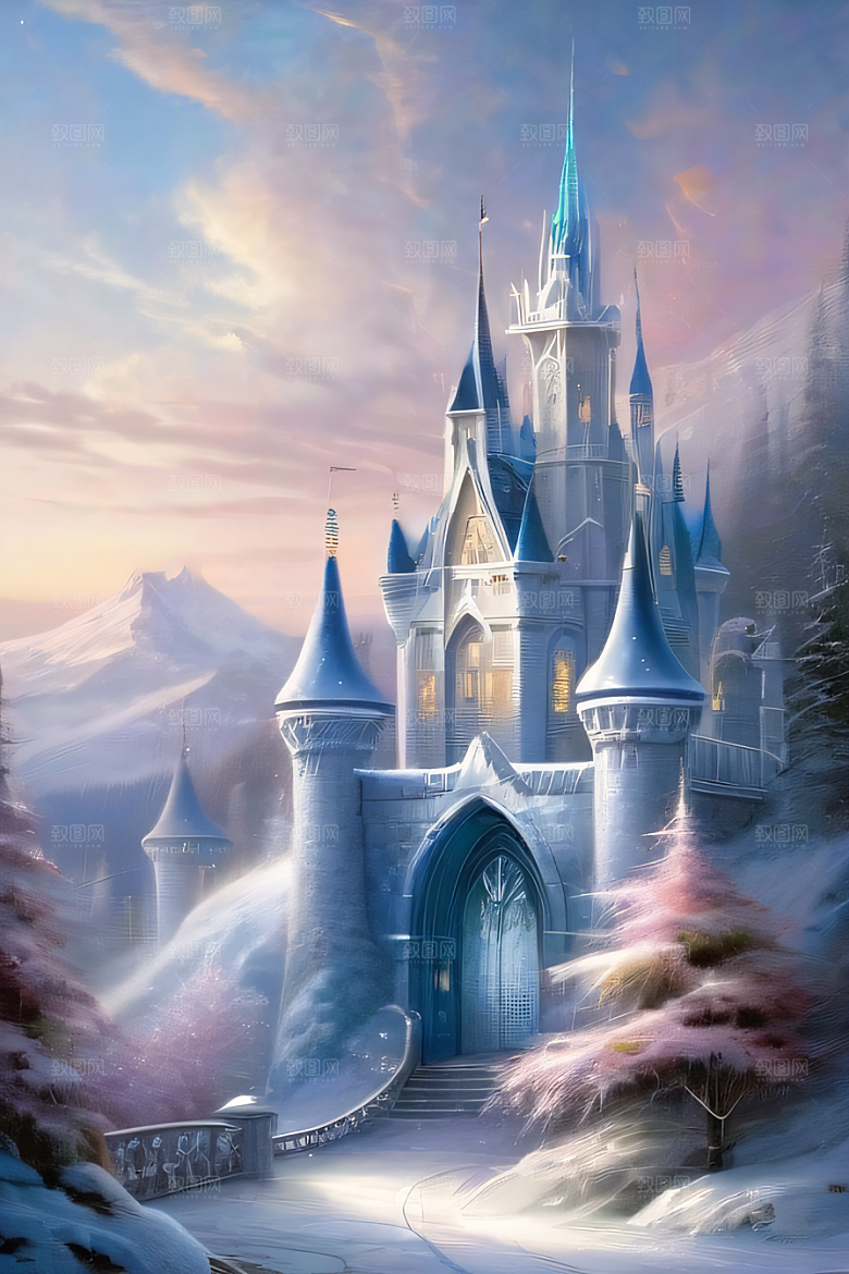 冰雪奇幻冰雪城堡与冰玫瑰的迷人风光