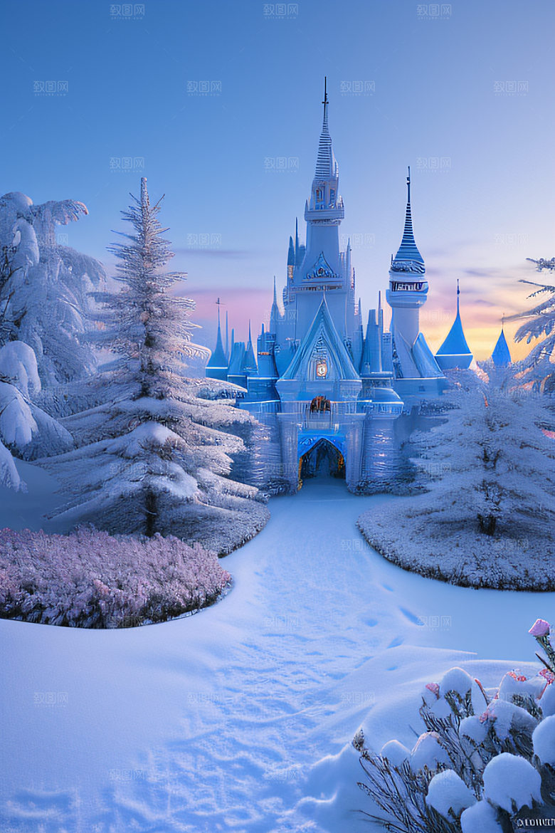 冰雪奇幻冰雪城堡与冰玫瑰的迷人风光
