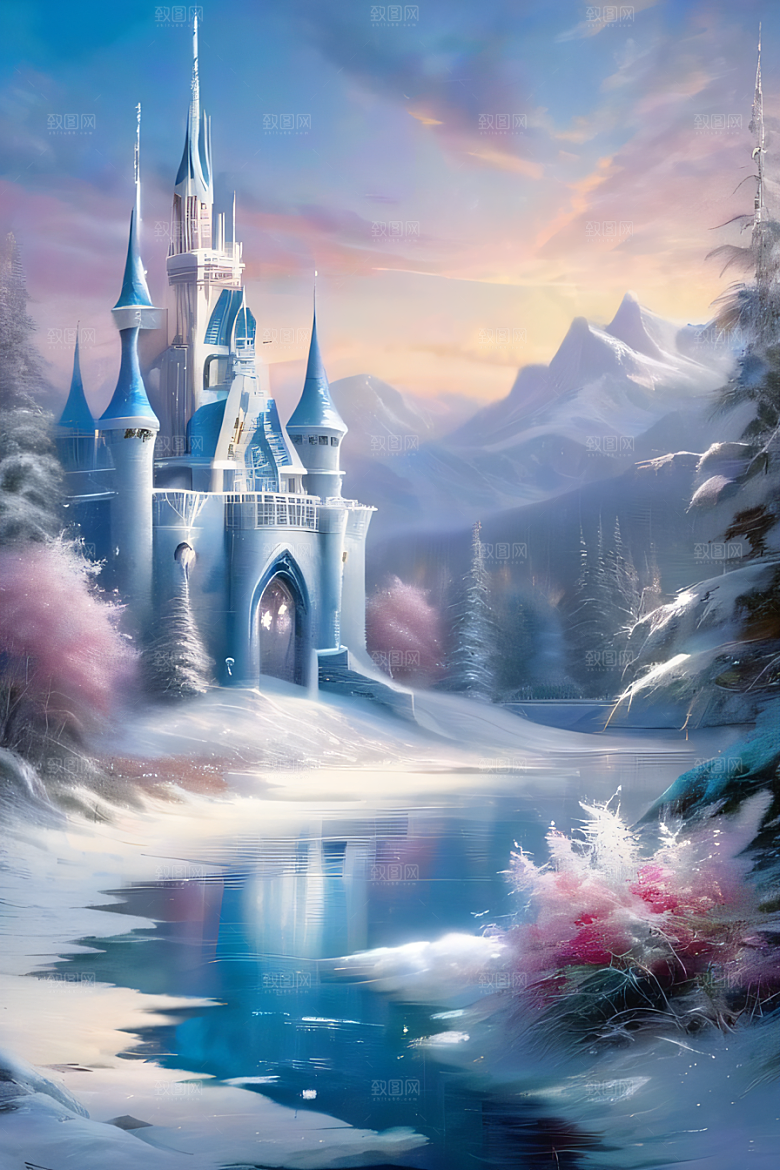 冰雪奇幻冰雪城堡与冰玫瑰的迷人风光