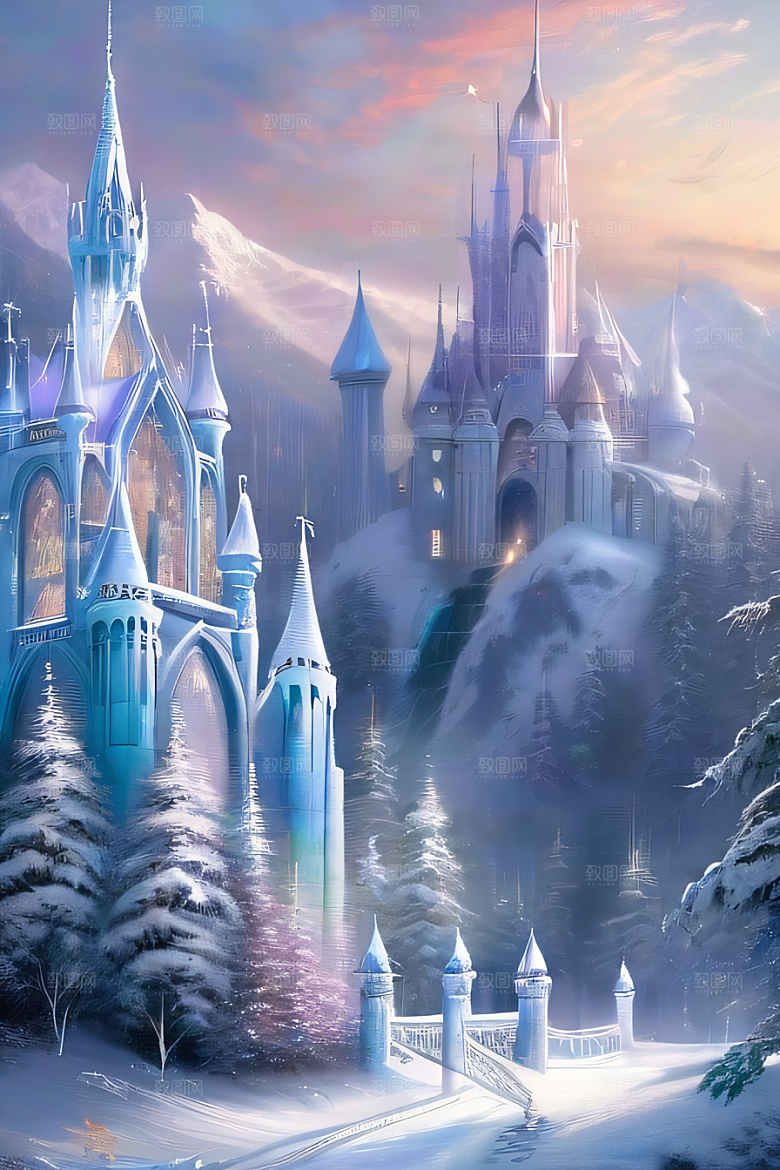 冰雪奇幻冰雪城堡与冰玫瑰的迷人风光